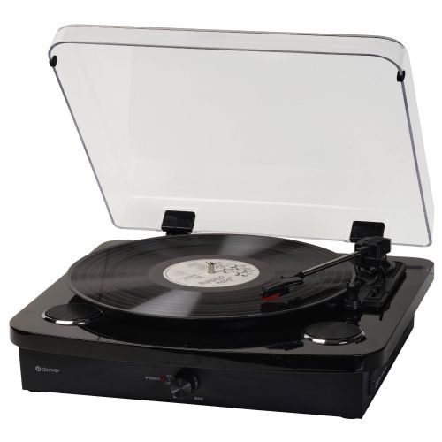 Gramofon Denver VPL-230B, 3 hitrosti 33/45/78 RPM, jermenski pogon, Bluetooth vhod/izhod, USB/SD snemanje, črna