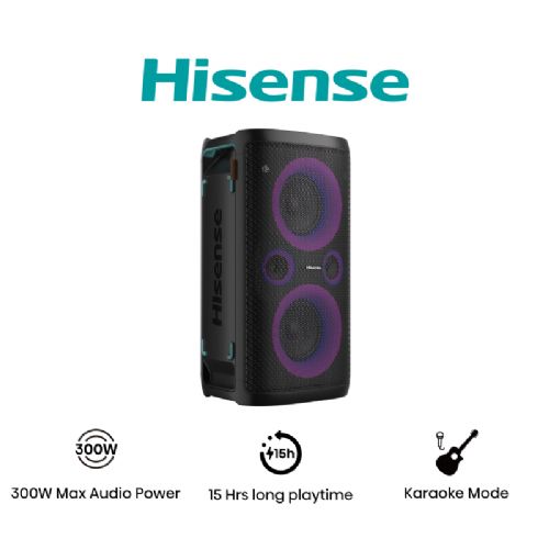 Prenosni zvočnik Hisense BT Party Storm, 300 W, karaoke način, DJ učinki in 15-urno avtonomija, IPX4