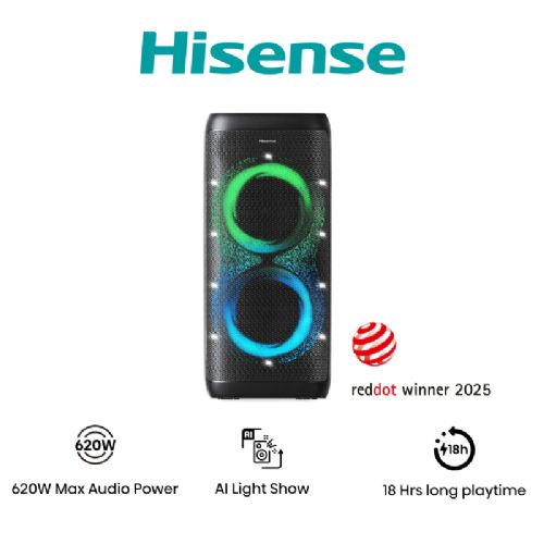 BT zvočnik Hisense Party Thunder, 620 W največje moči, Auracast, IPX4, do 18 h delovanja