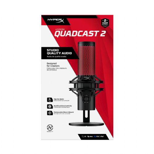 Mikrofon HP HyperX 2 QuadCast črno rdeč, za PC, PS5 ali Mac, vgrajen nosilec proti vibracij 872V1AA
