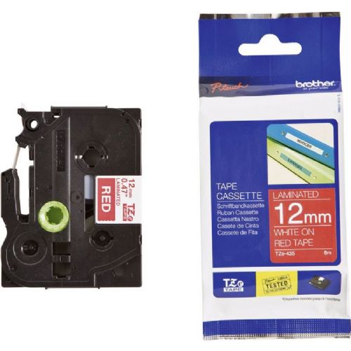 Brother TZE-435 (12mm x 8m) bela na rdečo, laminiran trak