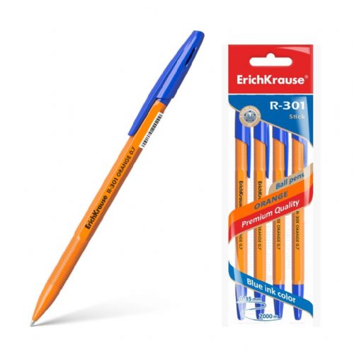ErichKrause Kemični svinčnik R-301 0,7, moder Orange Stick s pokrovčkom, 4 kos 24 KOS