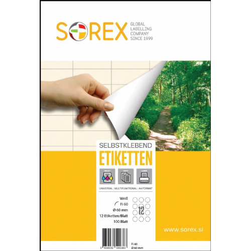 Okrogle bele samolepljive nalepke za tiskanje Sorex - Ø 60 mm, 100/1