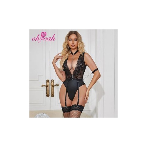 Body Ohyeah R81254, odprto mednožje, odstranljive verižice, trakovi za nogavice, črna