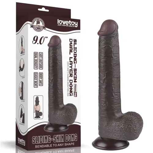 Dildo Lovetoy Sliding Skin Dual Layer, 22 cm, TPE, vodoodporen, črne barve