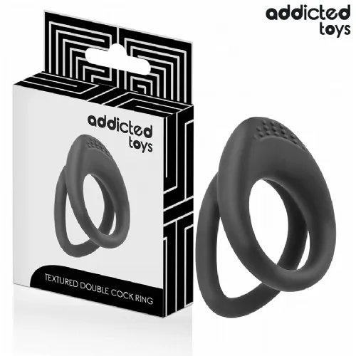 Erekcijski obroček Addicted Toys Double Textured, dvojna zasnova, teksturirana površina, vodoodporen, črne barve