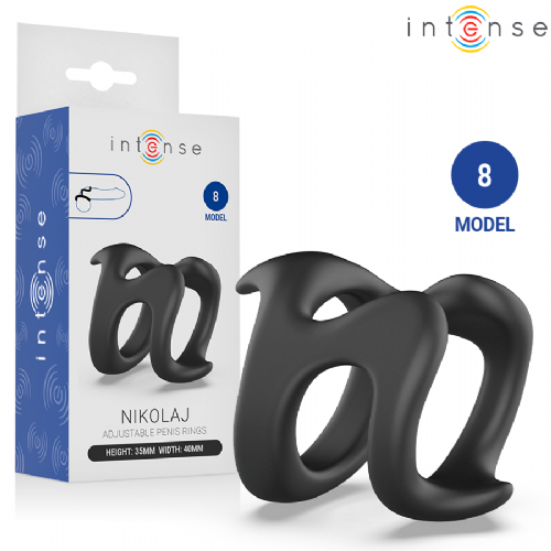 Erekcijski obroček Intense Nikolaj Mod. 8, dvojna U-zasnova, fleksibilen elastomer, vodoodporen, črne barve