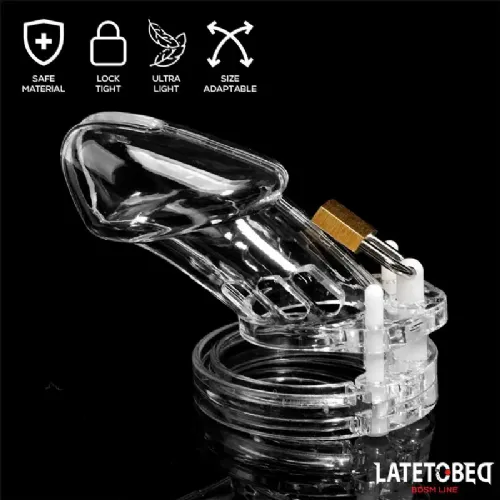 Kletka za penis Latetobed Cage Universal Long Clear, prozorna, 5 obročev, zaklepanje s ključavnico