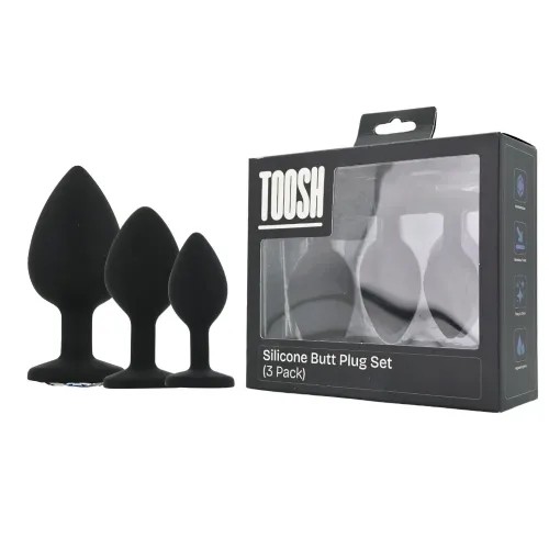 Komplet analnih čepov Toosh Black, 3 velikosti, silikonski material, varnostno dno, kristalni zaključek, črne barve