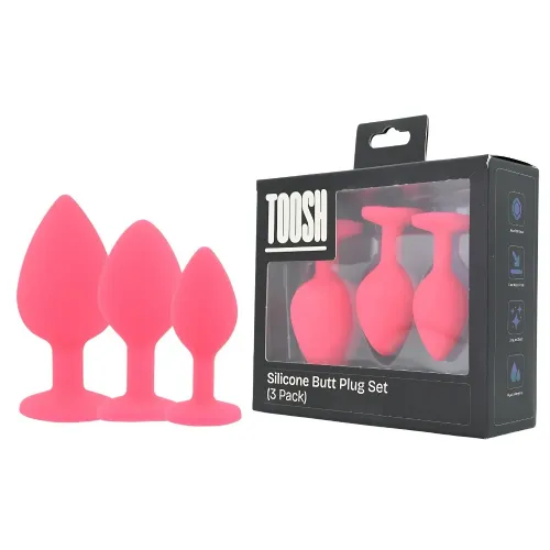 Komplet analnih čepov Toosh Pink, 3 velikosti, silikonski material, varnostno dno, kristalni zaključek, rožnate barve
