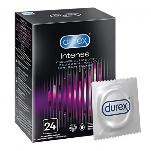 Kondomi Durex Intense, Easy-On, rebrasta in pikčasta površina, 24 kosov
