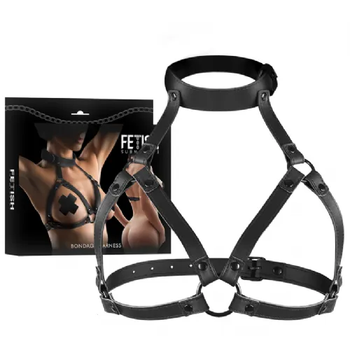Oprtnik Fetish Submissive Bondage Chest Harness, nastavljiv, vegansko usnje, kovinska veriga