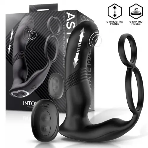 Stimulator prostate z erekcijskim obročkom Intoyou Astex Black, 3 motorji, 9 potiskov, 9 tapkanj, 9 vibracij, USB polnjenje