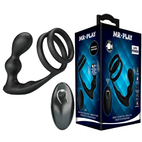 Stimulator prostate z erekcijskim obročkom Mr. Play Prostate Massager II, 12 vibracijskih programov, daljinski upravljalnik, polnilna baterija USB, črne barve