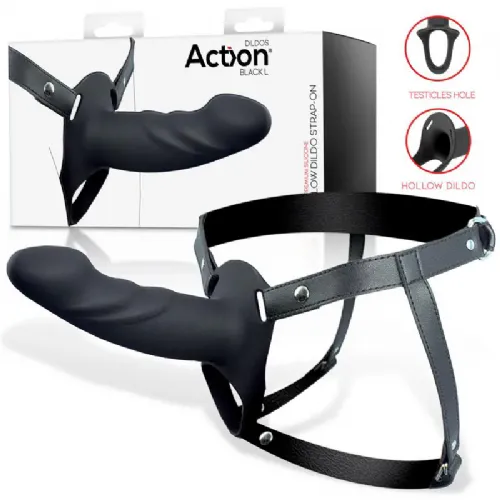 Strap-on dildo Action Hollow Silicone Black (L), votel dizajn, nastavljiv pas, vodoodporen, črne barve