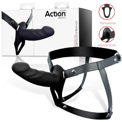 Strap-on komplet Accessories Unlimited Action Hollow Dildo Silicone Black (S), silikonski votli dildo, nastavljiv pas, črne barve