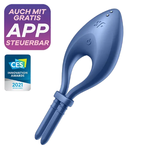 Vibracijski erekcijski obroček Satisfyer Bullseye, upravljanje z aplikacijo, USB-polnjenje, moder