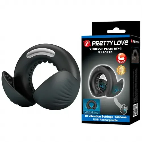 Vibracijski erekcijski obroček Pretty Love Quentin, dvojni obroč, 10 vibracijskih načinov, silikonski, USB polnjenje