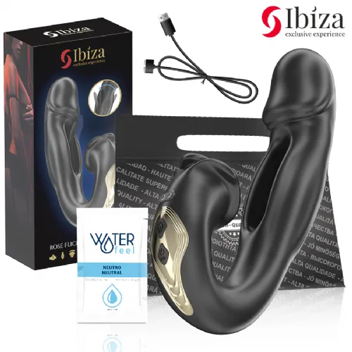 Vibrator Ibiza Rose Flicking Effect & klitoralni stimulator, 18 cm, IPX5, silikon, črne barve