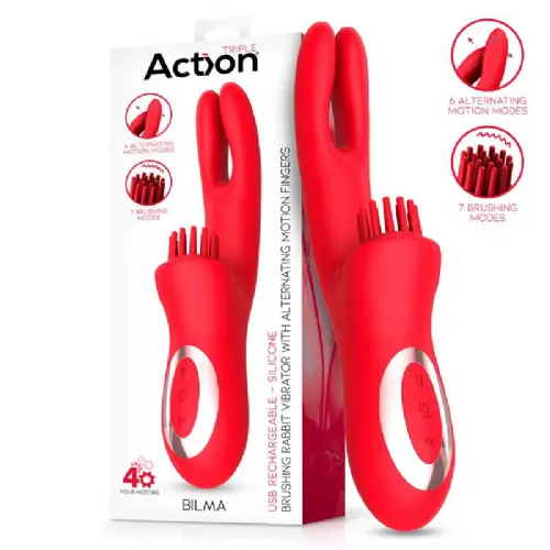 Vibrator Rabbit Action Bilma, trojna stimulacija, 24,5 cm, silikon in ABS, rdeč