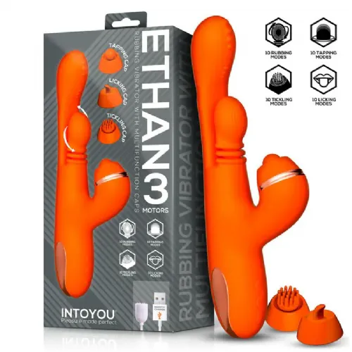 Vibrator Rabbit Intoyou Ethan, 23,5 cm, silikon in ABS plastika, vodoodporen IPX6, različni nastavki, oranžne barve