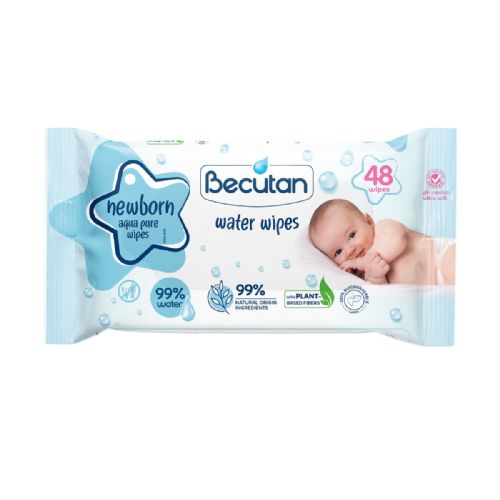 Vlažilni robčki Becutan Aqua, 99 % prečiščena voda, brez parfuma in alkohola, hipoalergenski, 48 kosov