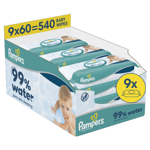 Vlažilni robček Pampers Aqua 9x60, brez dišav, 99% voda, dermatološko testirani, primerni za občutljivo kožo