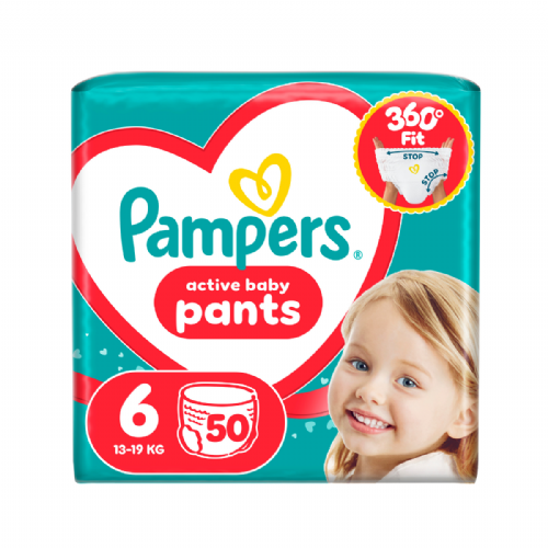 Otroške plenice Pampers Pants Giant Pack S6 50 kos, Stop & Protect žepek, 360° prileganje, super vpojne, brez parfumov, dermatološko testirane