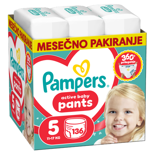 Otroške plenice Pampers Pants S5, 136 kosov, hlačne, za težo 12-17 kg, enostavno oblačenje
