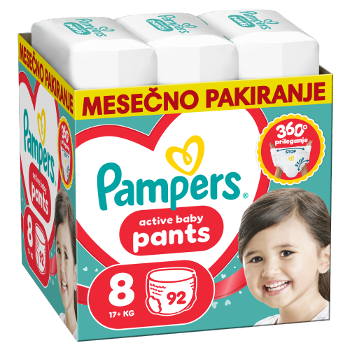 Otroške plenice Pampers Pants S8 92 kos, enostavno oblačenje, udobno prileganje, vpojno jedro, zaščita pred iztekanjem, koži prijazne
