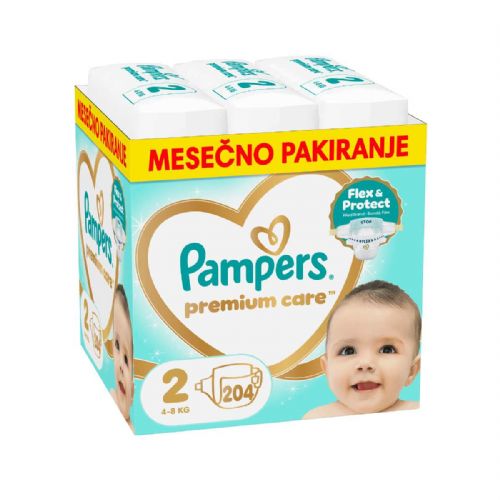 Otroške plenice Pampers Premium Care S2 204 kos, izjemno mehke, takojšnje vpijanje, zaščita pred prepuščanjem, udoben pas, dermatološko testirane