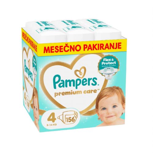 Otroške plenice Pampers Premium Care S4 156 kos, takojšnje vpijanje, žep Stop & Protect, izjemno mehke, dermatološko testirane