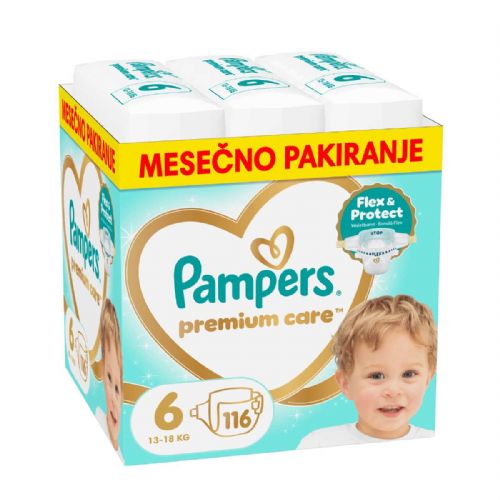 Otroške plenice Pampers Premium Care S6 116 kos, takojšnje vpijanje, zaščita pred prepuščanjem, mehki materiali, udoben kroj, dermatološko testirane