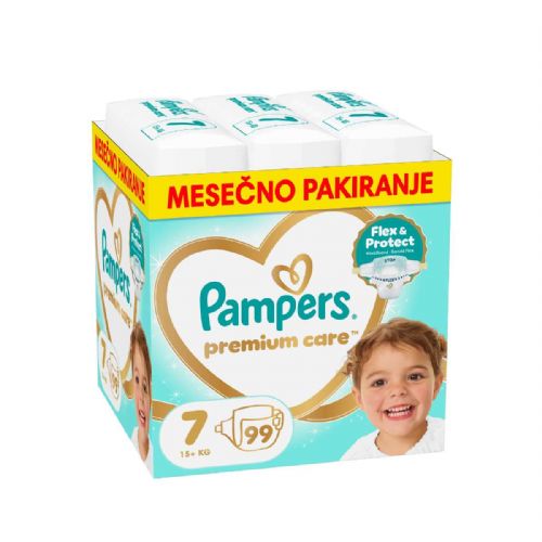 Otroške plenice Pampers Premium Care S7 99 kos – takojšnje vpijanje, žep Stop & Protect, izjemno mehki materiali, udoben kroj, dermatološko testirane