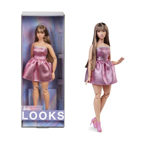 Punčka Barbie Signature Looks 24 z rjavimi lasmi in rožnato obleko