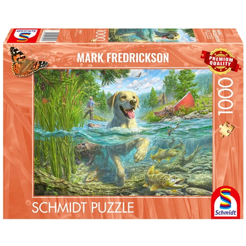 Puzzle Schmidt Spiele, Mark Fredrickson: Ljubezen do psov - Rumeni labrador na lovu za ribami (1000 kosov), od 12. let