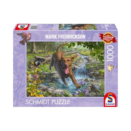 Puzzle Schmidt Spiele, Mark Fredrickson: Ljubezen do psov - Spomladanski sprehod z labradorcem (1000 kosov), od 12. let