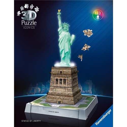 Sestavljanka Ravensburger 3D Iconics: Kip svobode - z lučko (108 kosov), od 8. let