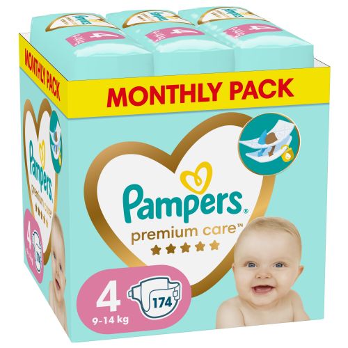 Otroške plenice Pampers Premium Care, vel. 4 (9–15 kg), 174 kos – MESEČNO PAKIRANJE