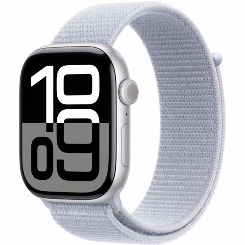 APPLE Watch Series 10 GPS + Cellular 46 mm srebrno aluminijasto ohišje z modro oblačno športno zanko