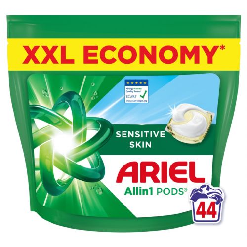 Kapsule za pranje perila Ariel Sensitive Skin, 44 kosov, brez barvil, za občutljivo kožo