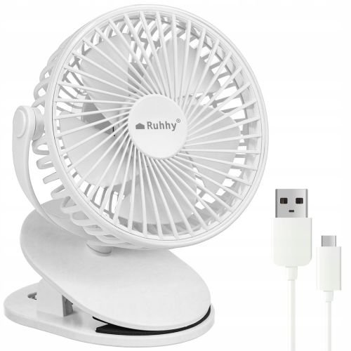 Ventilator Ruhhy brezžični 1200mAh, s sponko, 360° nastavitev, 3 hitrosti, USB-C, bel