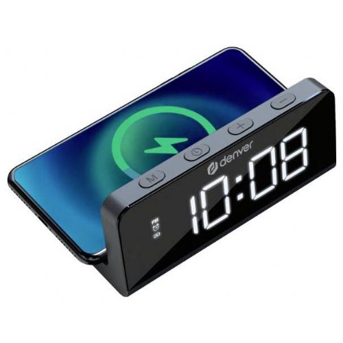 Elektronska budilka Denver ECQ-103MK2 111131300070, brezžično polnjenje 10 W, LED zaslon 1,6", črna