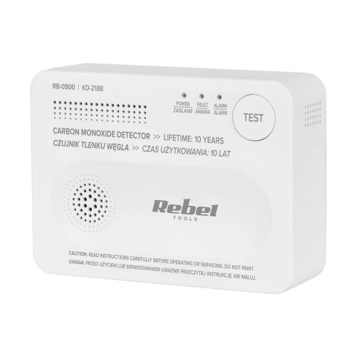 Detektor ogljikovega monoksida Rebel na baterije, LED indikatorji, 85 dB alarm, elektrokemični senzor, bele barve