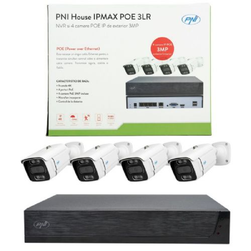 Komplet za videonadzor PNI House IPMAX POE 3LR, NVR s 4 priključki PoE in 10 v omrežju, ONVIF in 4 kamere z IP 3MP