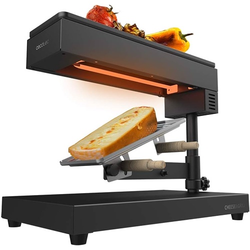 Raclette Cecotec Cheese&Grill 6000 črna, 600 W, nerjaveče jeklo, termostat, nelepljiv premaz, obrnljive lopate