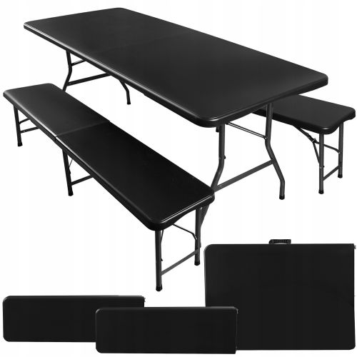 Set zložljive vrtne mize in 2 klopi Malatec, 180 cm, HDPE, prenosna konstrukcija, črne barve