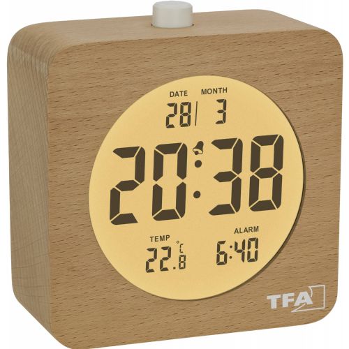 Digitalna budilka TFA Dostmann 60.2049.05, kvarčna, velik LCD zaslon, okvir iz bukovega lesa, rjave barve