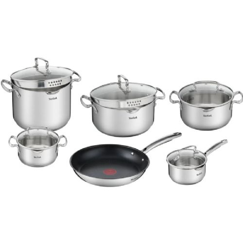 11-delni set posod Tefal Duetto+ G732SB55, nerjaveče jeklo, indukcija, stekleni pokrovi, drenažni sistem