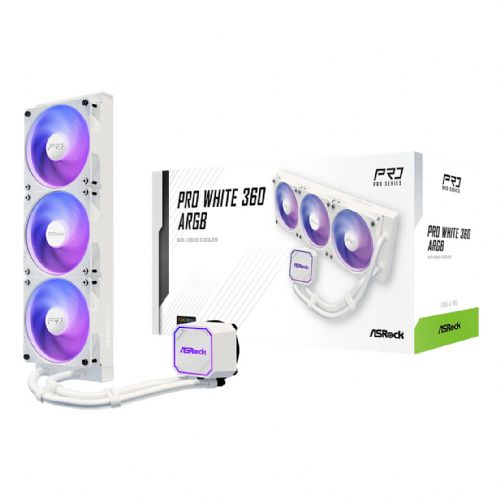 Hladilnik za računalnike Asrock Pro White 360 ARGB, tekočinski, 12 cm ventilator, LED osvetlitev, podpora AM4/AM5/LGA1700